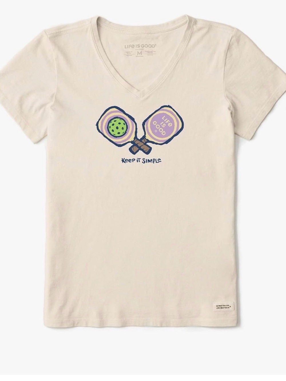 Life Is Good woman's Cream V‑Neck Tee with pickle ball Paddle Graphic, Sz L euc